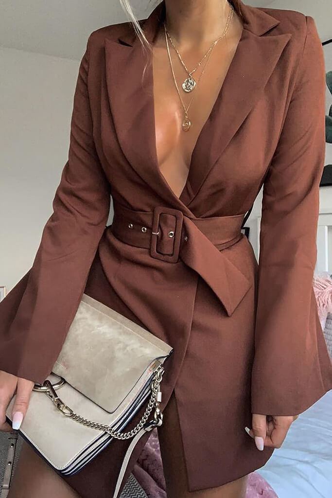 Chocolate Belted Blazer Dress aestivateit Chocolate Belted Blazer Dress aestivateit