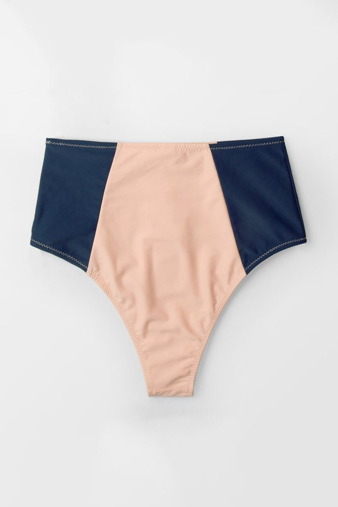 Blue And Apricot Block High-waisted Bikini Bottom