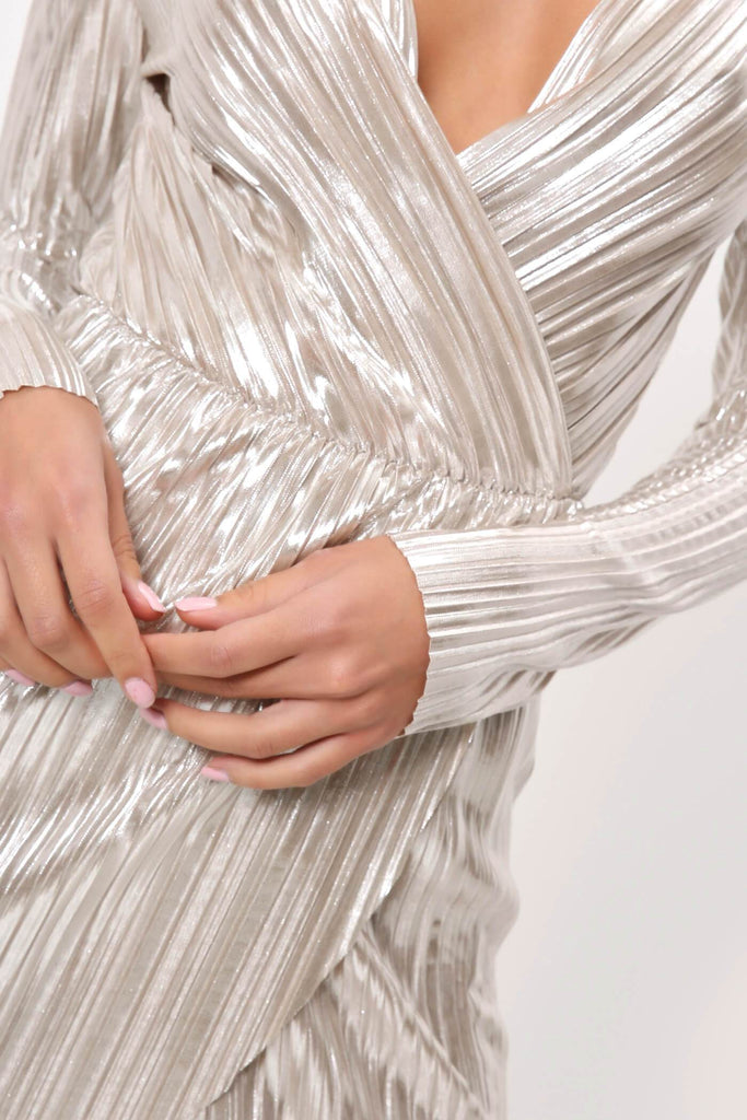 Silver Metallic Pleated Wrap Over Mini Dress
