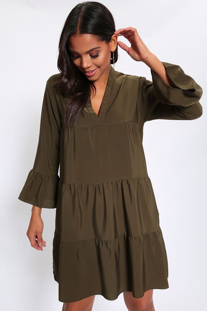 Khaki Tiered Smock Dress