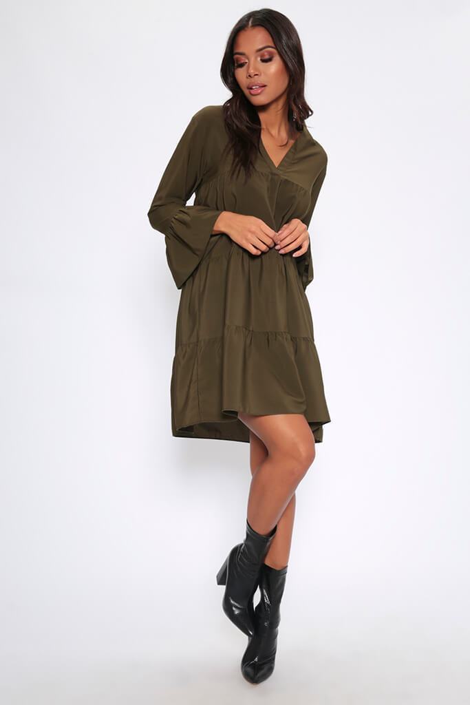 Khaki Tiered Smock Dress