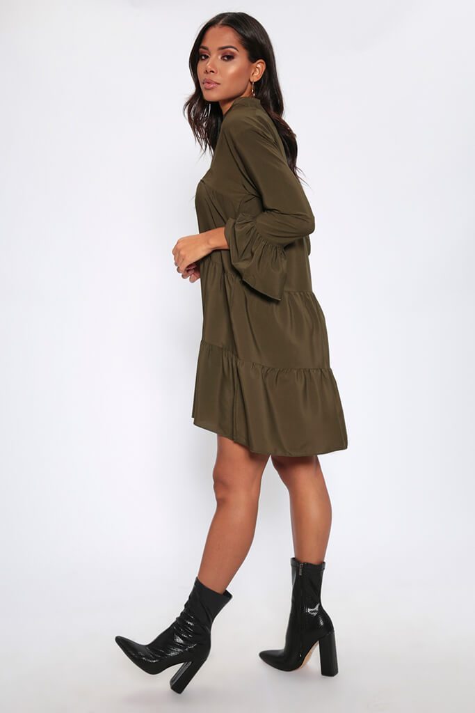 Khaki Tiered Smock Dress