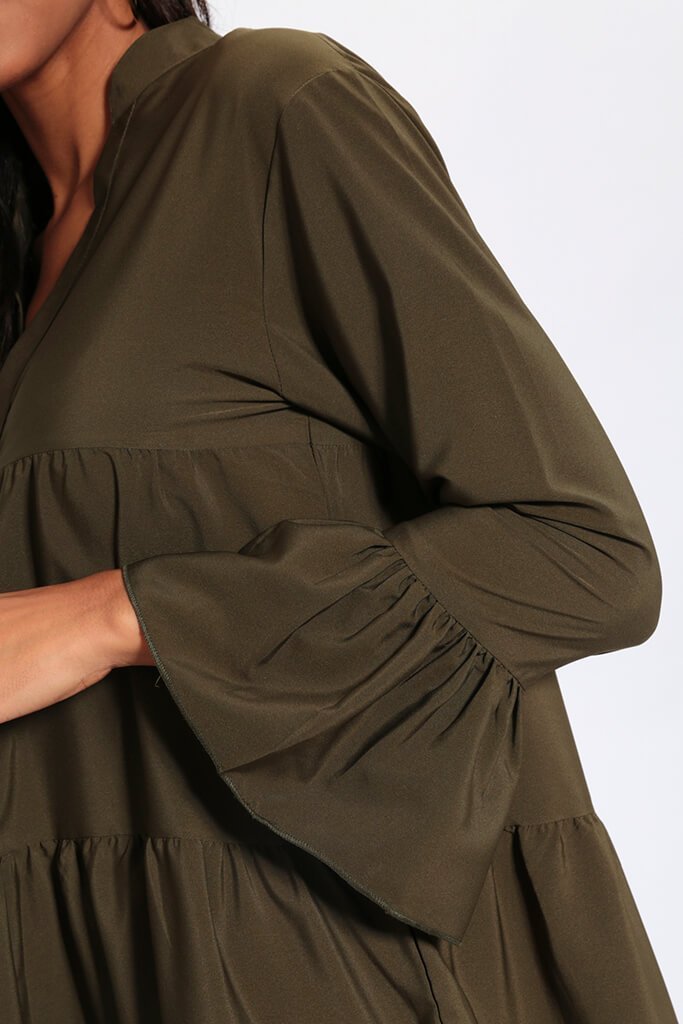 Khaki Tiered Smock Dress