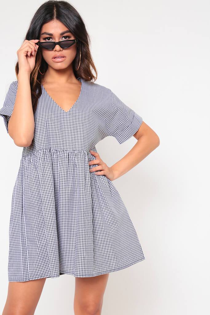 Black/White Checked Print V-Neck Smock Dress