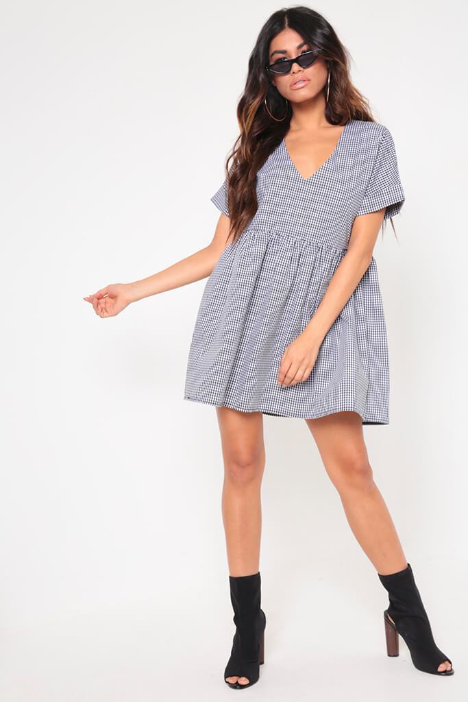Black/White Checked Print V-Neck Smock Dress
