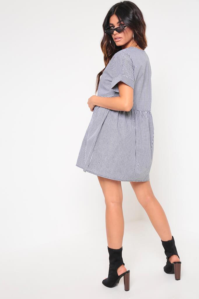 Black/White Checked Print V-Neck Smock Dress