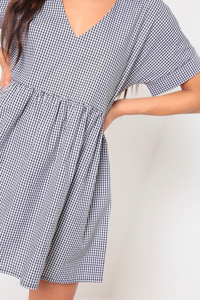 Black/White Checked Print V-Neck Smock Dress