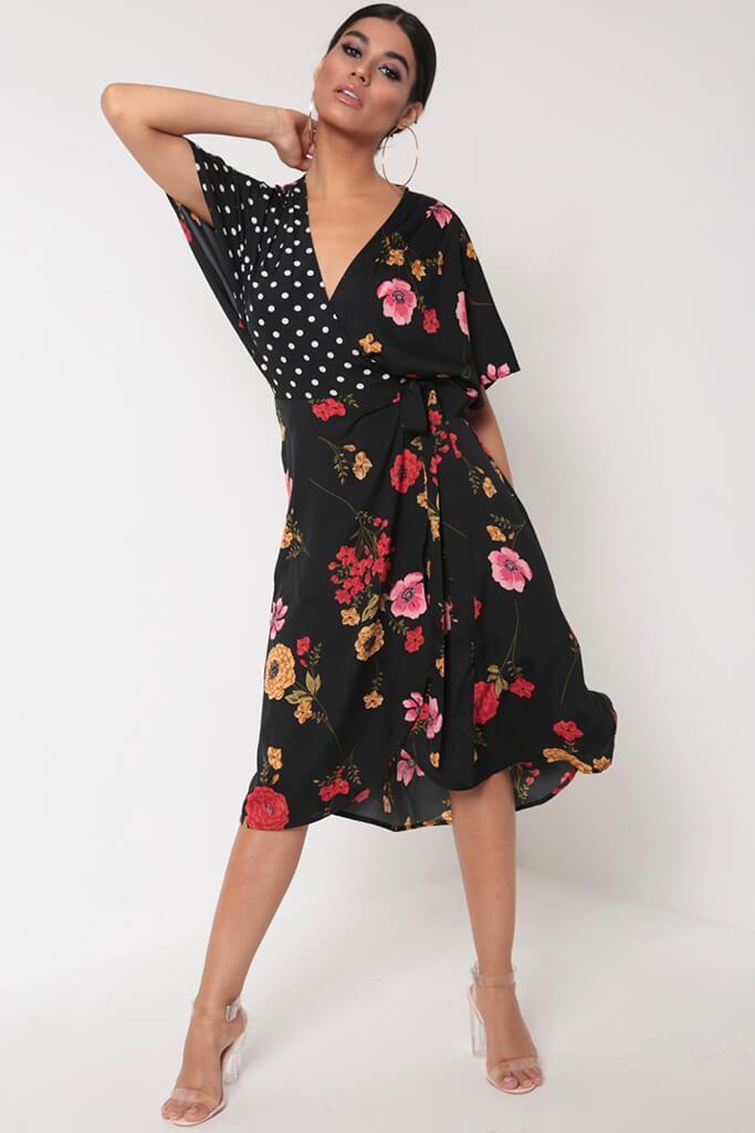 Black Mix Print Wrap Dress