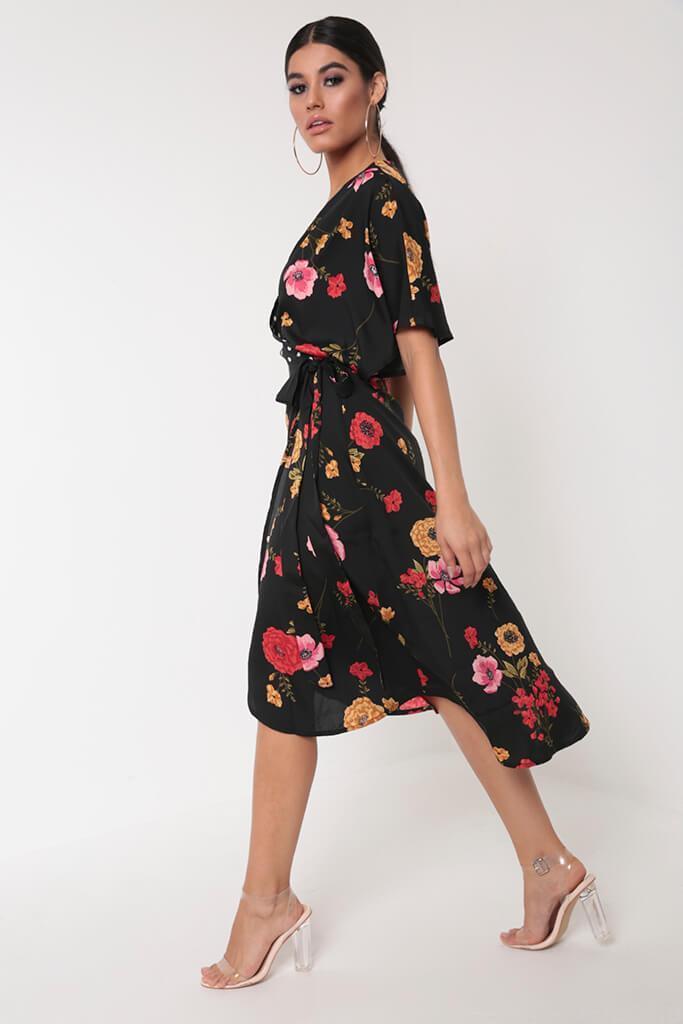 Black Mix Print Wrap Dress