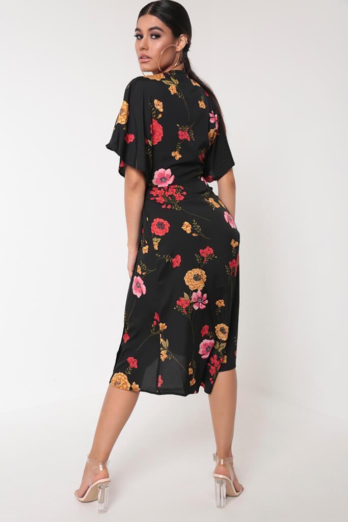 Black Mix Print Wrap Dress