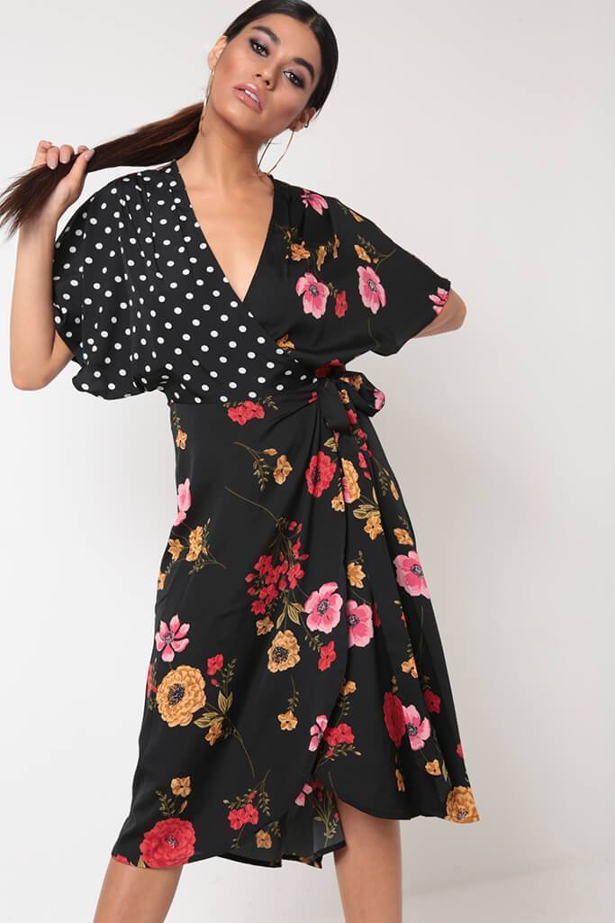 Black Mix Print Wrap Dress