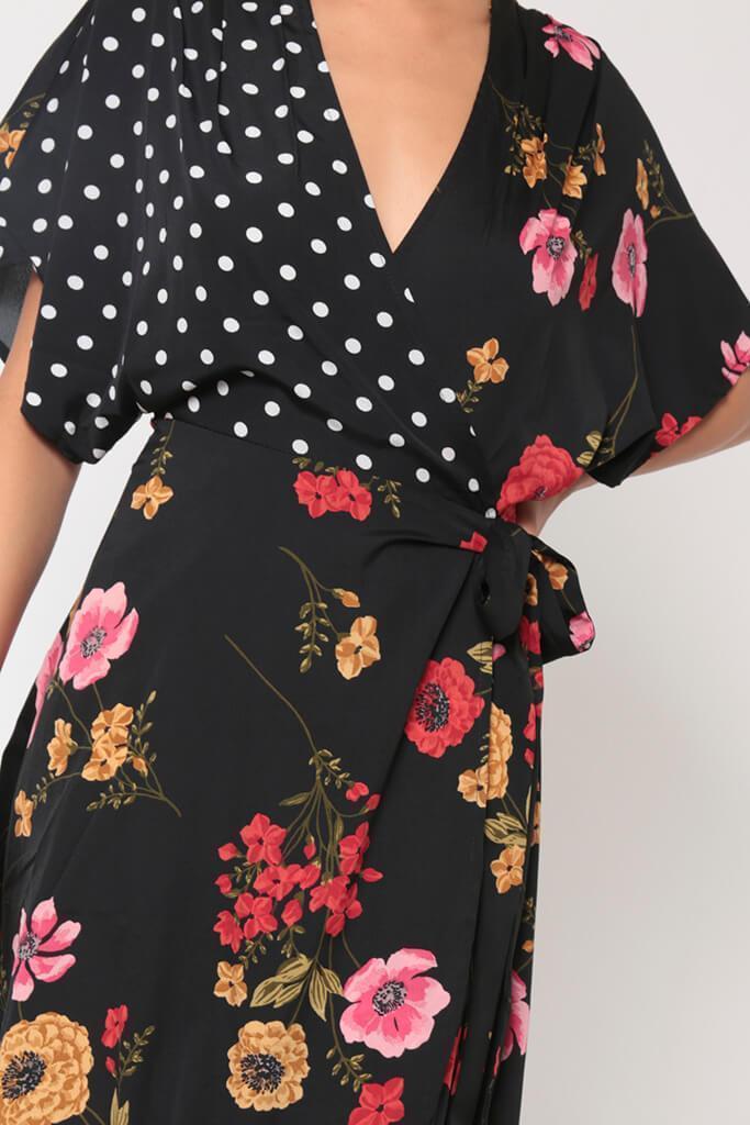 Black Mix Print Wrap Dress