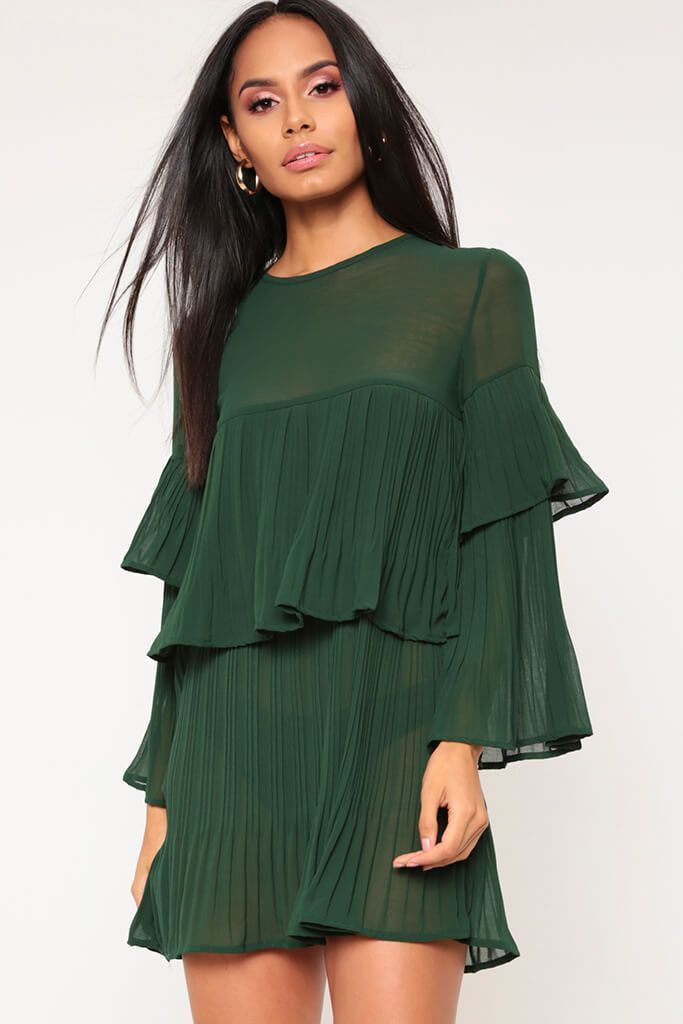 Emerald Green Pleated Sheer Smock Dress