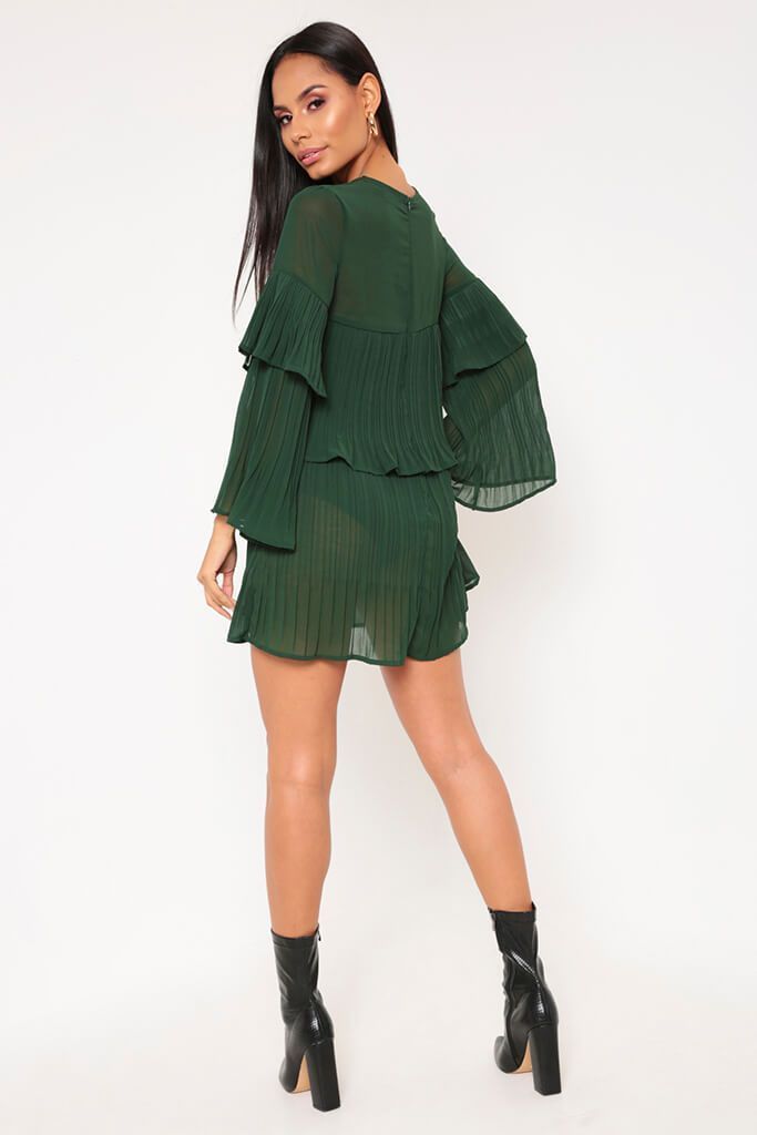 Emerald Green Pleated Sheer Smock Dress