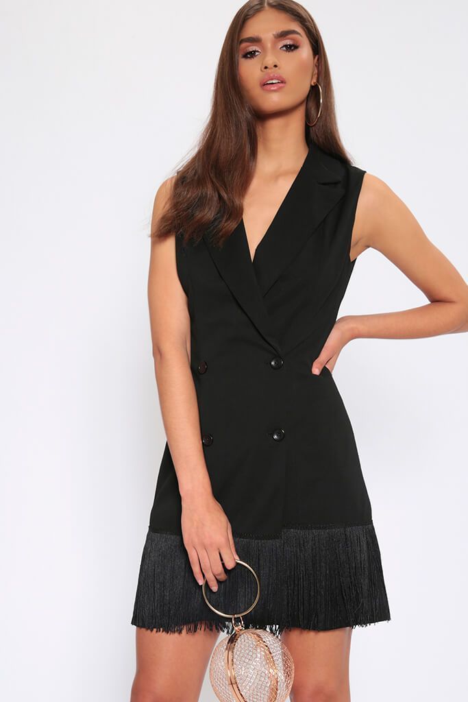 Black Tiered Fringe Blazer Dress