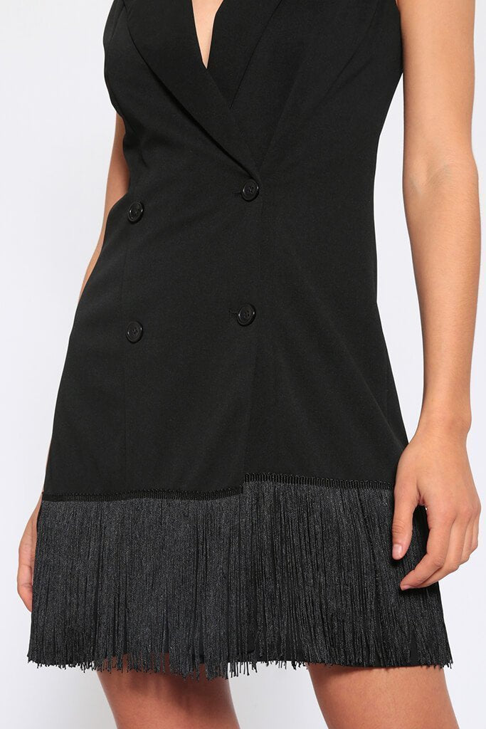 Black Tiered Fringe Blazer Dress