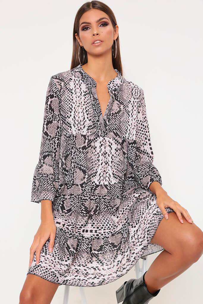 Grey Snake Print Flared Sleeve Smock Dress