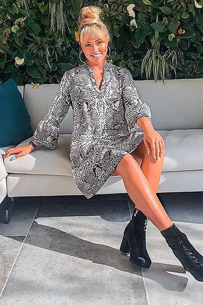 Grey Snake Print Flared Sleeve Smock Dress