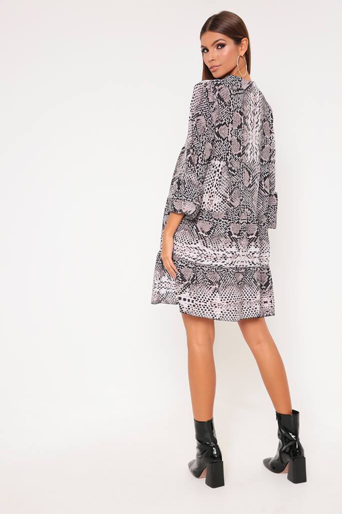 Grey Snake Print Flared Sleeve Smock Dress