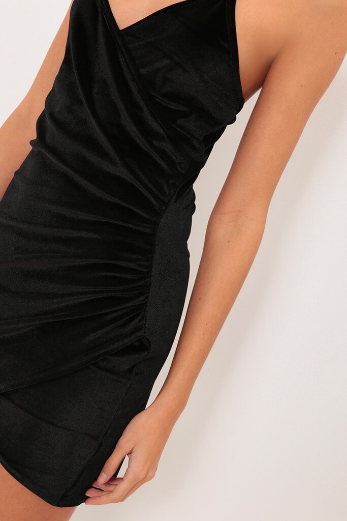 Black Strappy Velvet Ruched Wrap Dress
