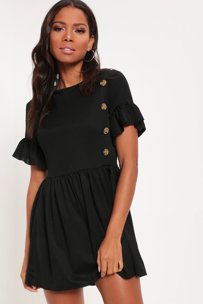 Black Button Front Detail Smock Dress