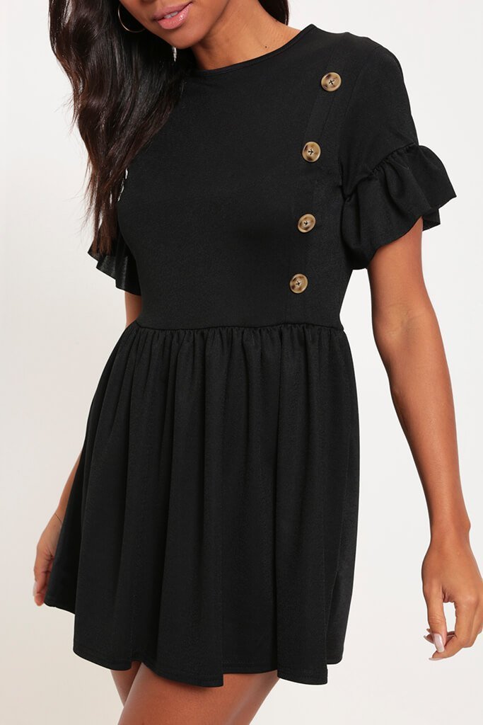 Black Button Front Detail Smock Dress
