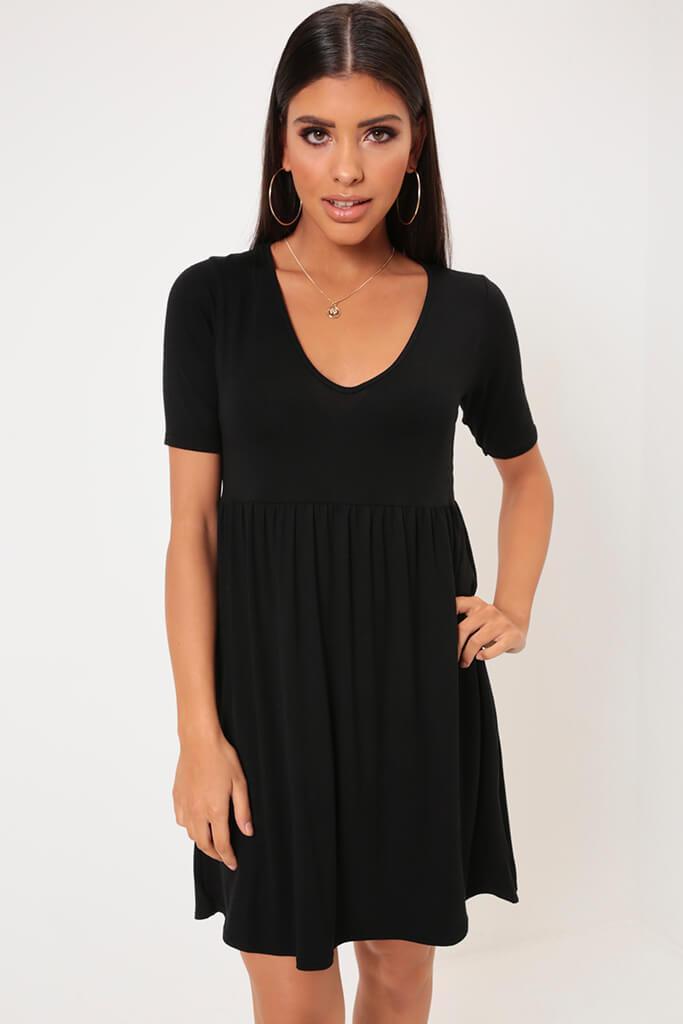 Black V-Neck Jersey Smock Dress