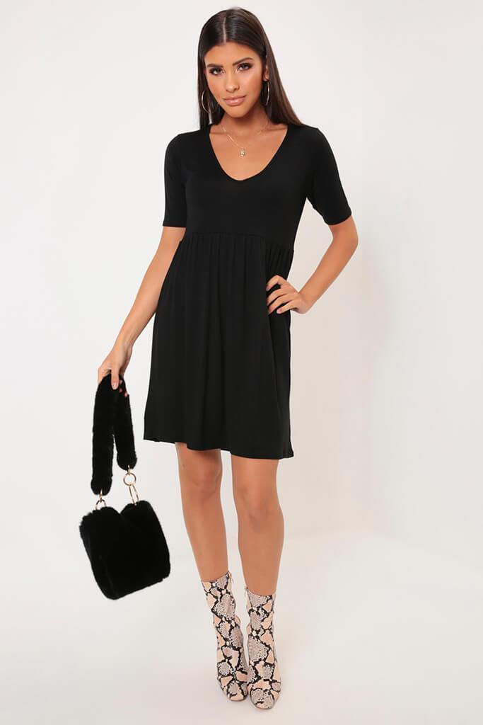 Black V-Neck Jersey Smock Dress