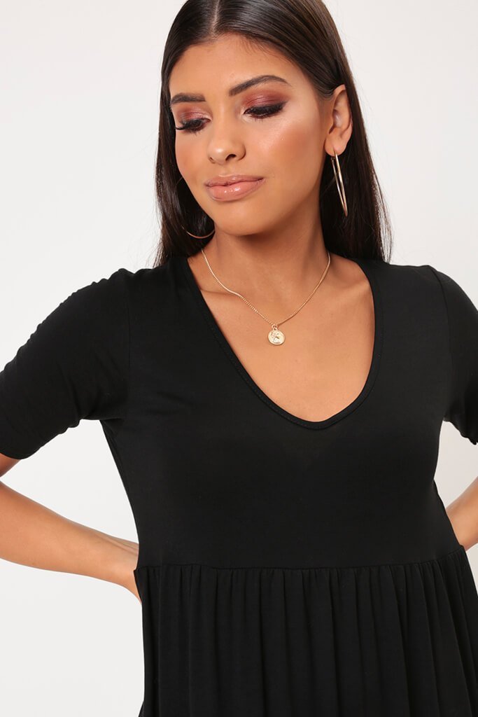 Black V-Neck Jersey Smock Dress