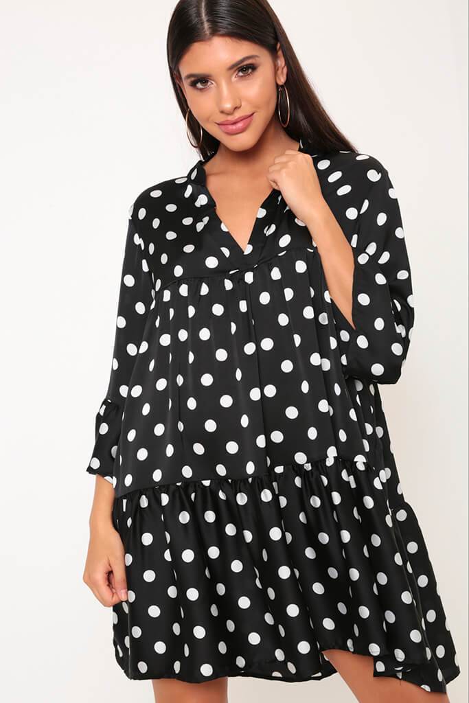 Black/White Polka Dot Satin Smock Dress