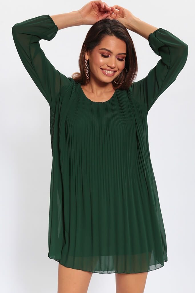 Green Long Sleeve Pleated Smock Dress
