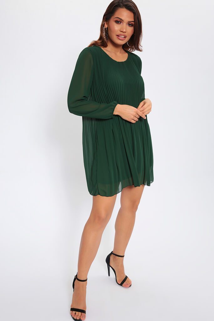 Green Long Sleeve Pleated Smock Dress