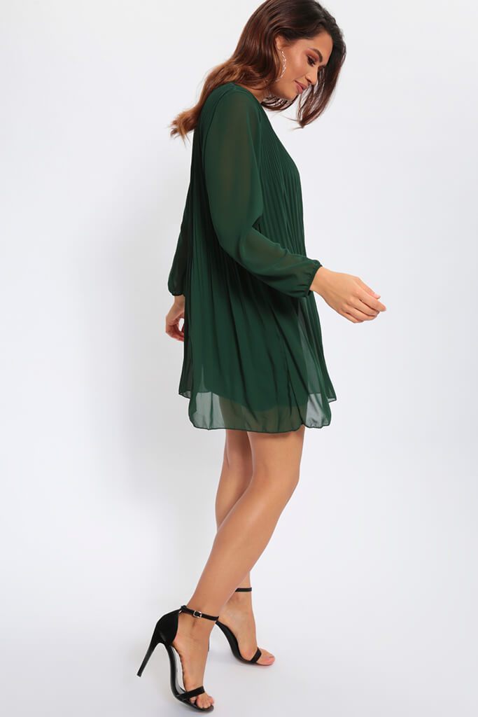 Green Long Sleeve Pleated Smock Dress