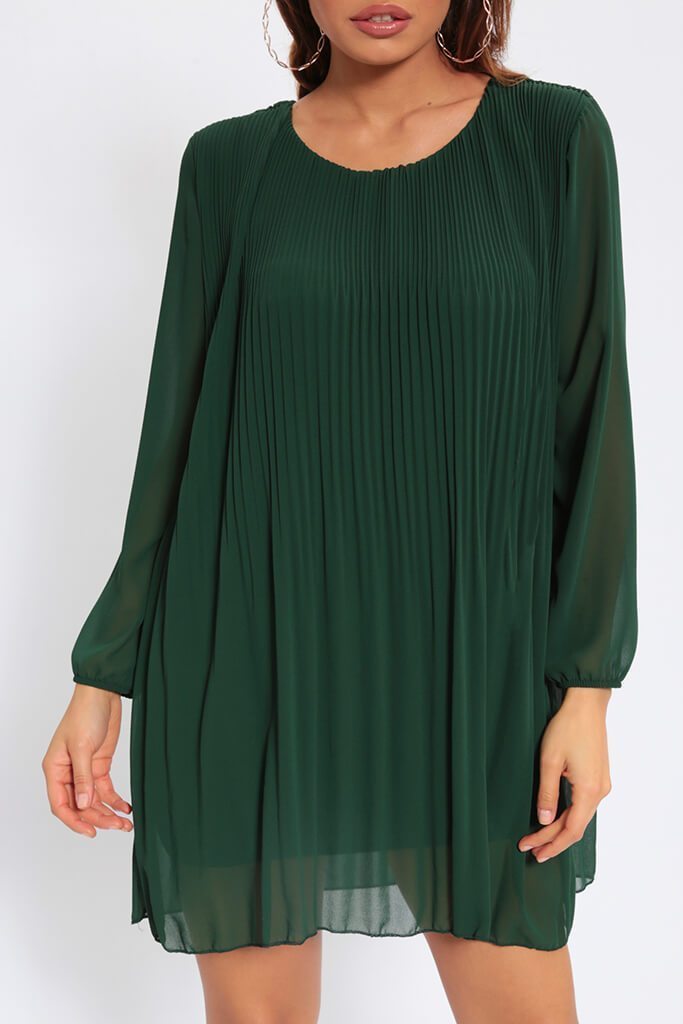 Green Long Sleeve Pleated Smock Dress