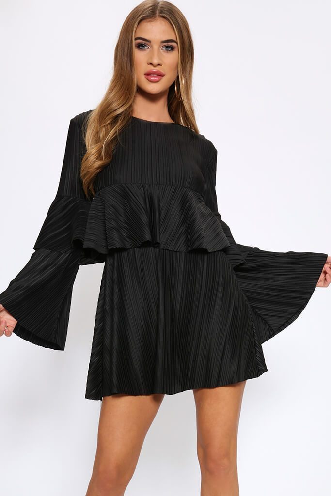 Black Pleated Flared Long Sleeve Smock Dress
