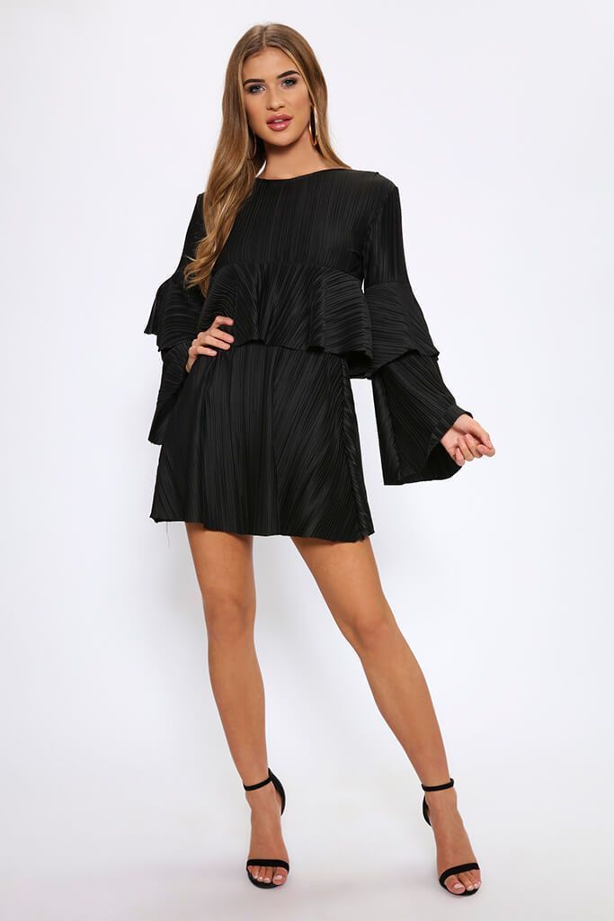 Black Pleated Flared Long Sleeve Smock Dress