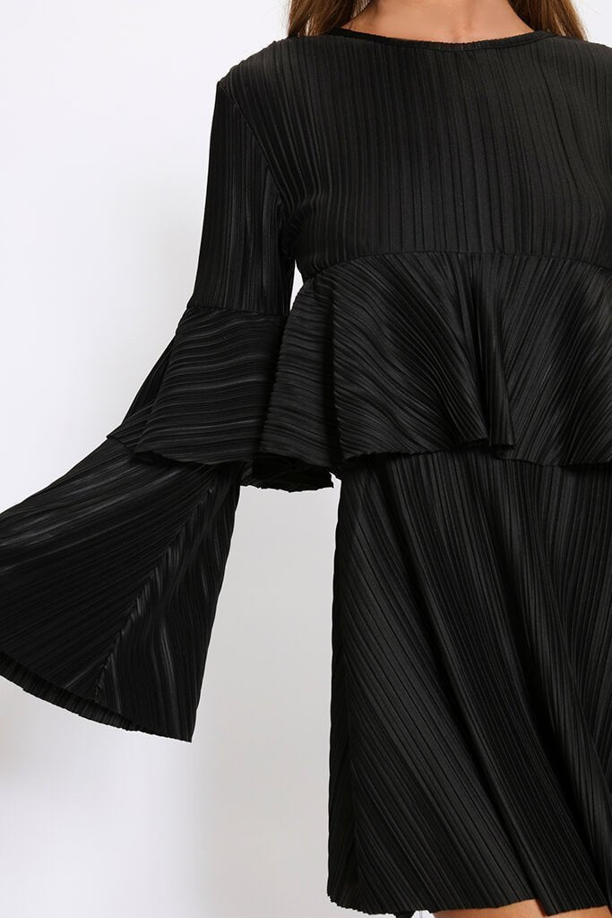 Black Pleated Flared Long Sleeve Smock Dress