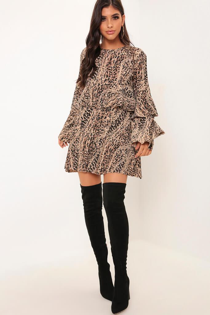Leopard Print Pleated Flare Sleeve Smock Dress