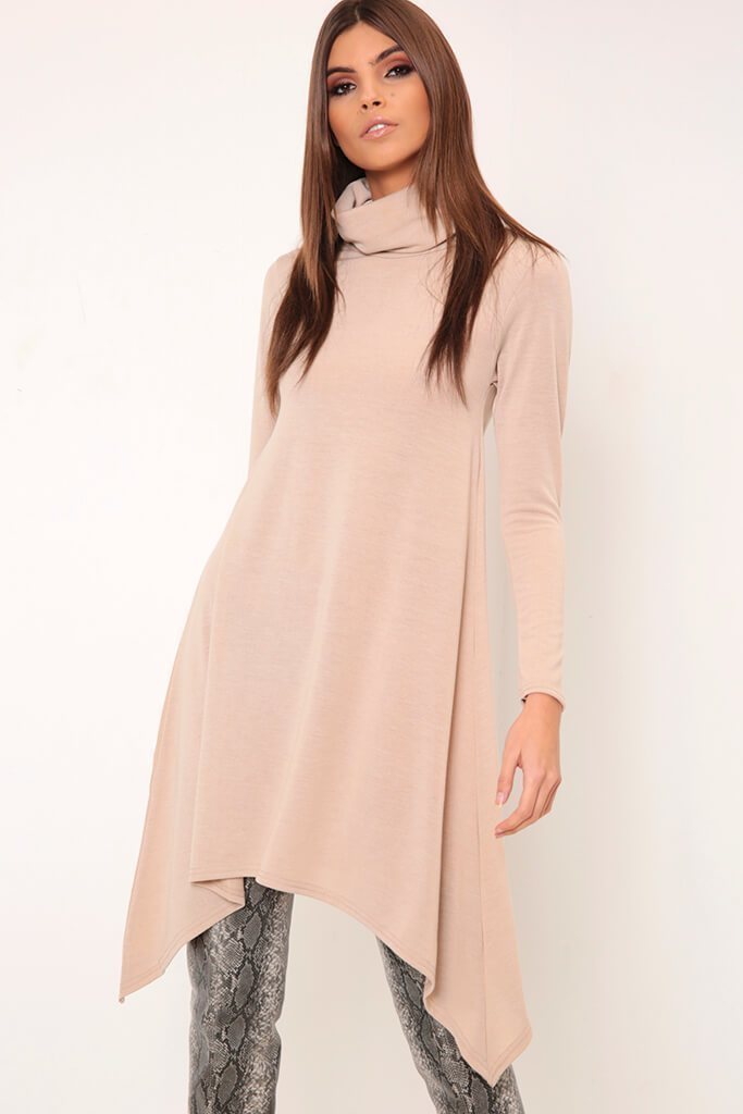 Camel Roll Neck Smock Dress