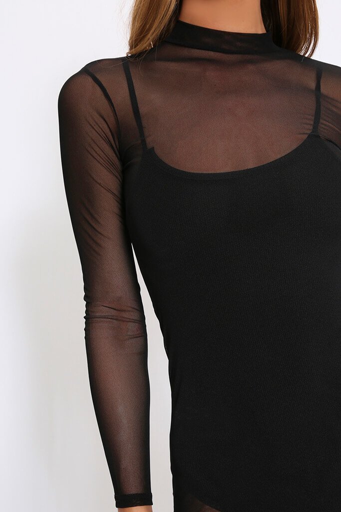 Black High Neck Long Sleeve Sheer Mesh Dress