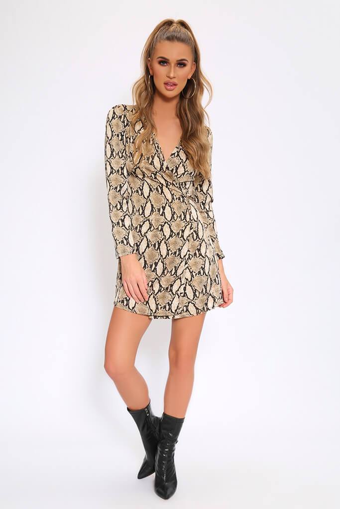 Beige Snake Print Tie Waist Wrap Dress