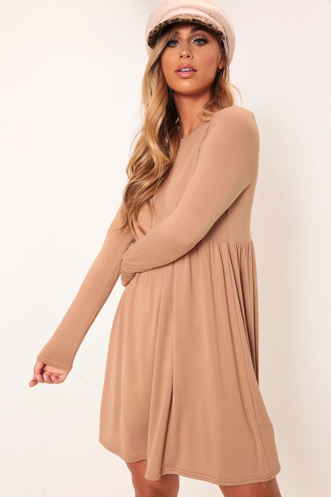 Camel Basic Long Sleeve Jersey Smock Dress