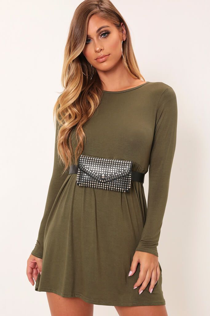 Khaki Basic Long Sleeve Jersey Smock Dress