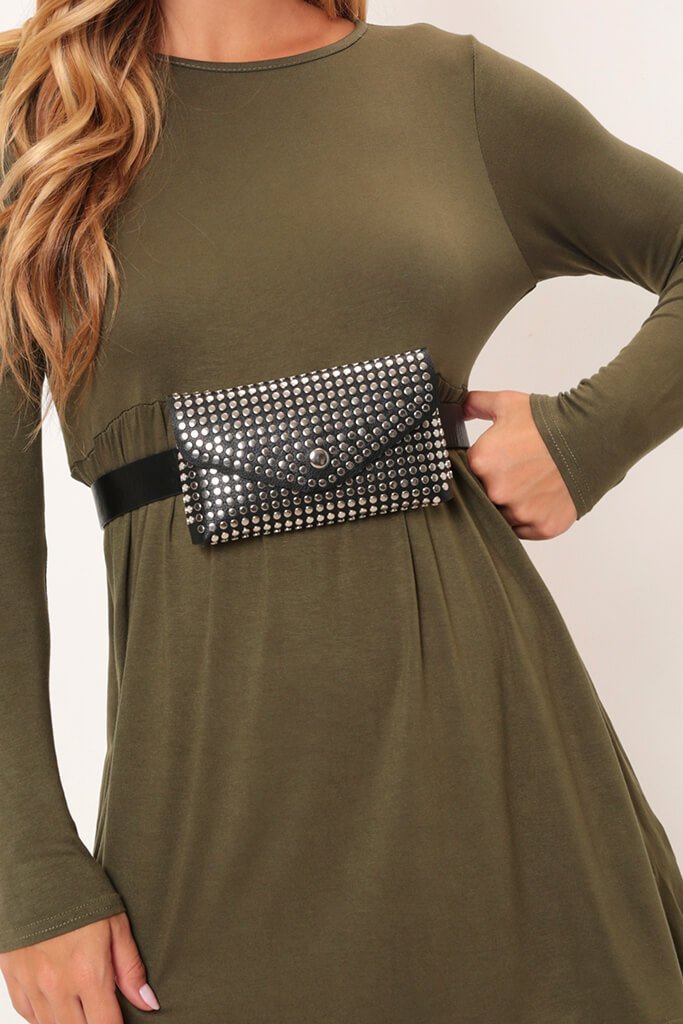 Khaki Basic Long Sleeve Jersey Smock Dress