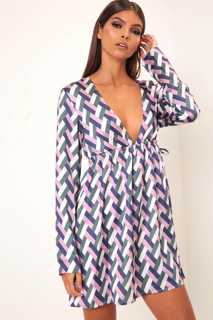 Pink Geometric Ruched Detail Smock Dress
