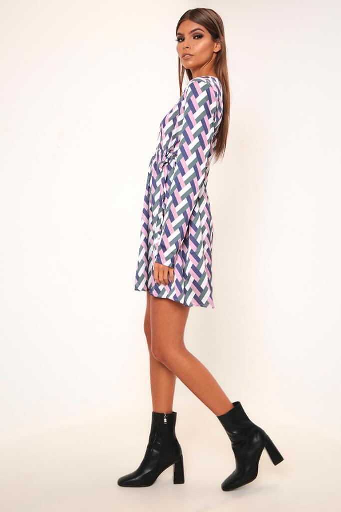 Pink Geometric Ruched Detail Smock Dress