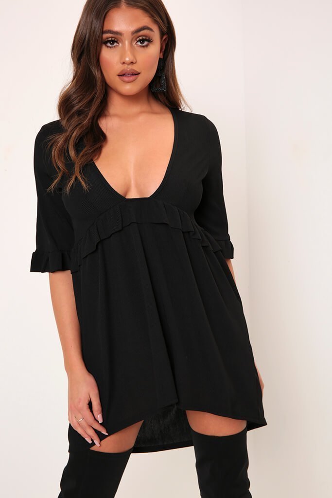 Black Basic Plunge Neck Frill Detail Ribbed Smock Dress