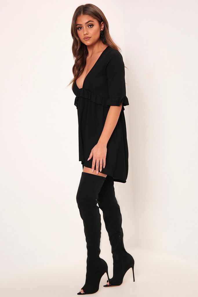 Black Basic Plunge Neck Frill Detail Ribbed Smock Dress