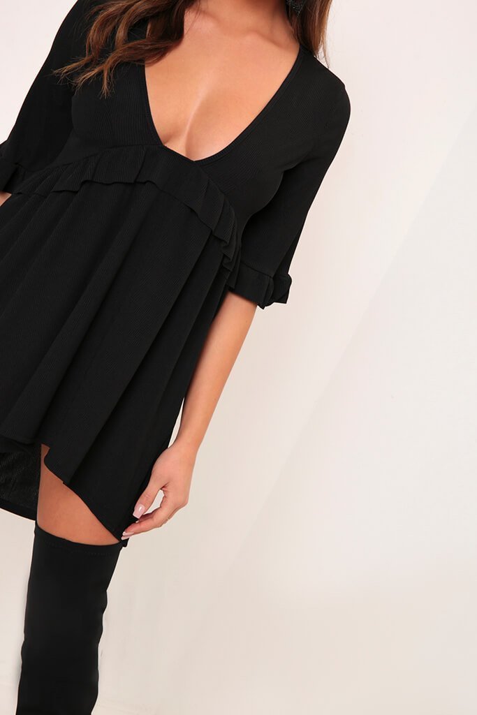 Black Basic Plunge Neck Frill Detail Ribbed Smock Dress