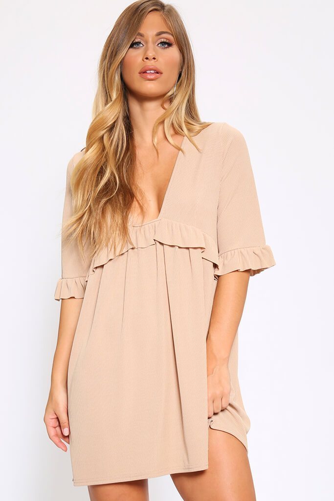 Sand Basic Plunge Neck Frill Detail Ribbed Smock Dress